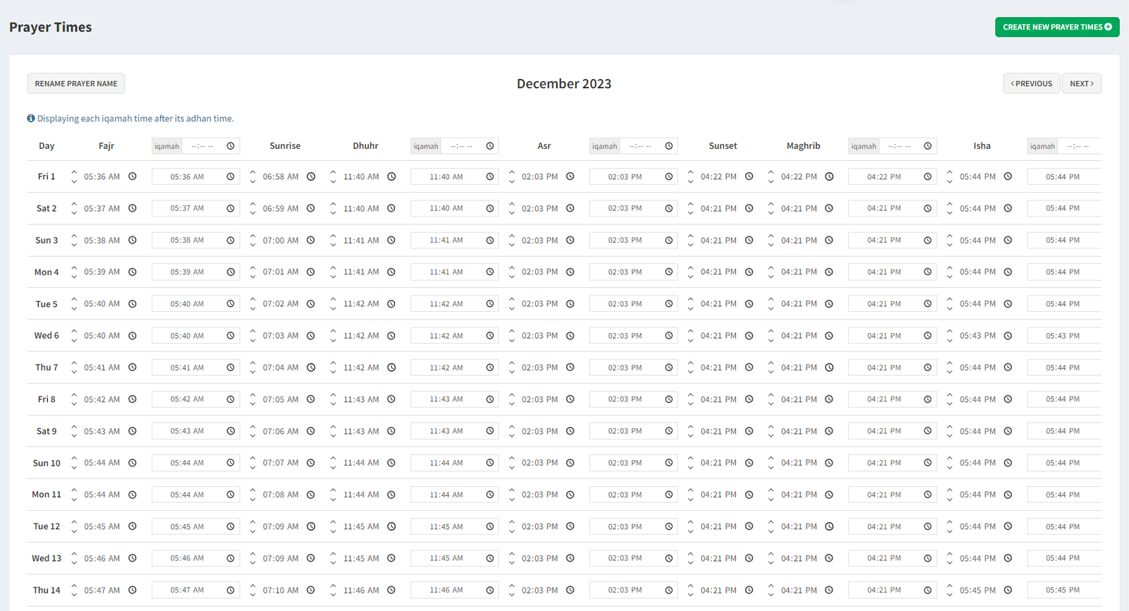 Prayer Times From SQL Server